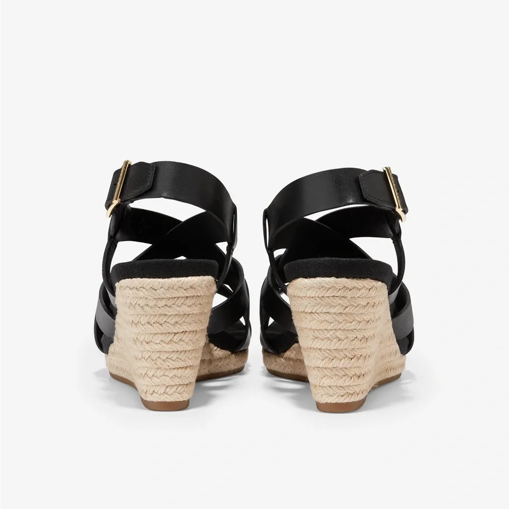 Cole Haan Crystal Wedge Sandals Black‎ Leather Size 7.5B